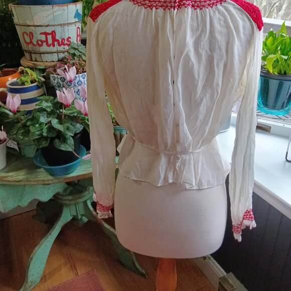 Antique Vintage 1920s Embroidered Romanian Peasant Blouse w/Waist Tie Size S/M - Picture 2 of 7